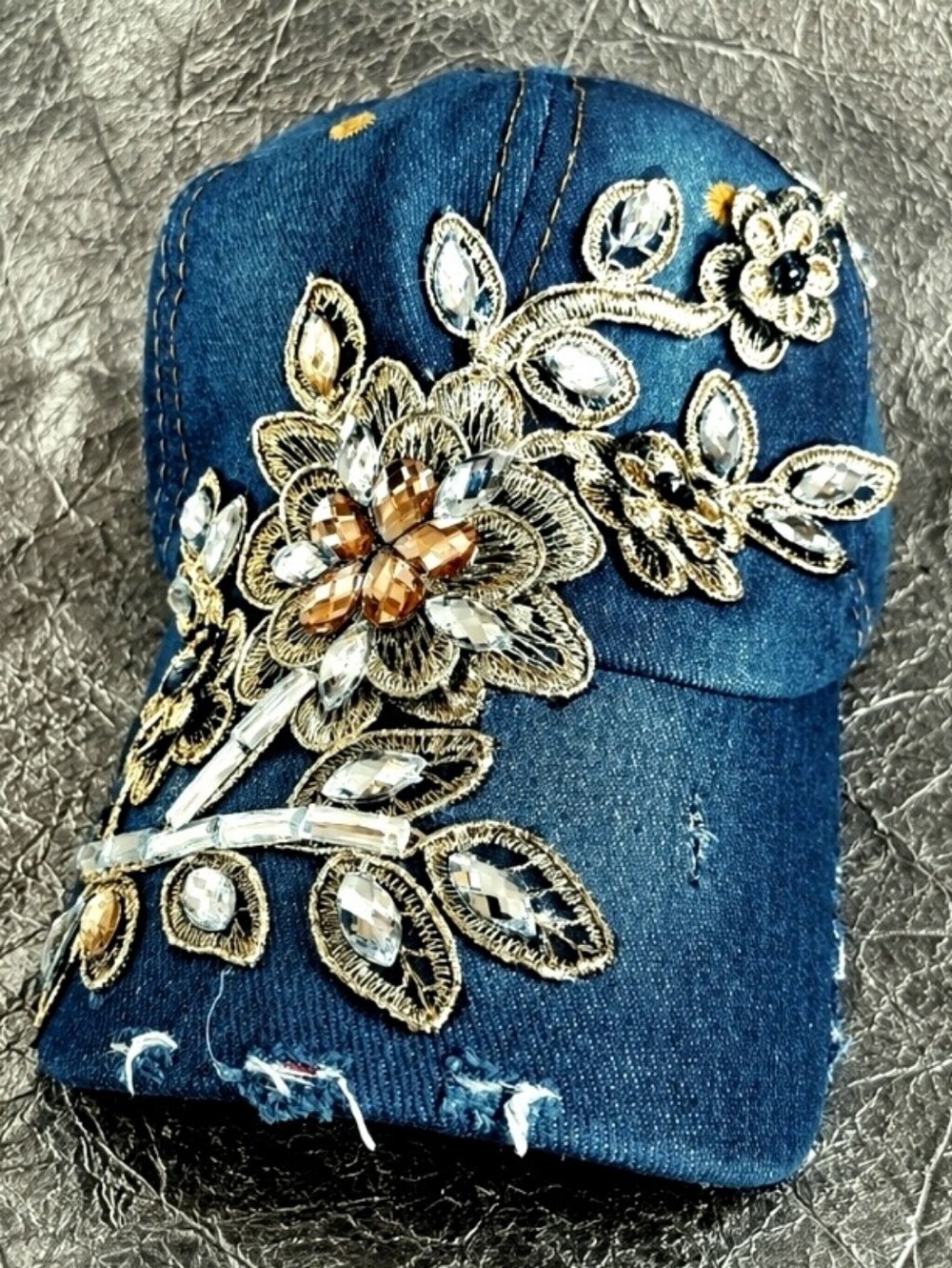 Denim Jeans Baseball Cap Ladies Women's Distressed Lace Applique Rhinestones NEW